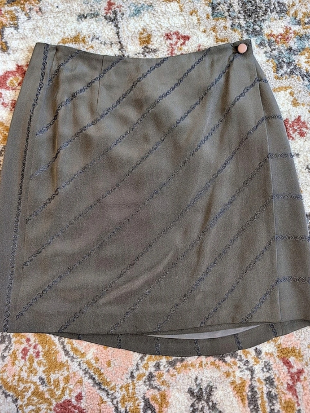 Anne Klein Women's Vintage Silk Green Grey Embroider Wrap Mini Skirt 90s